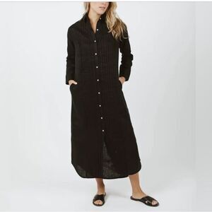 Lanhtropy Pacific Dress 100% Linen Long Sleeve Button Front Long with Pockets